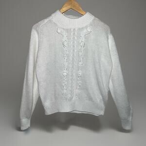 Romantic Floral Sweater Cottagecore Mock Neck White Beaded Pullover S Soft
